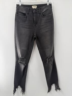 L'Agence Women's High Rise High Line Skinny Black Jeans Frayed Edge Hem Size 27